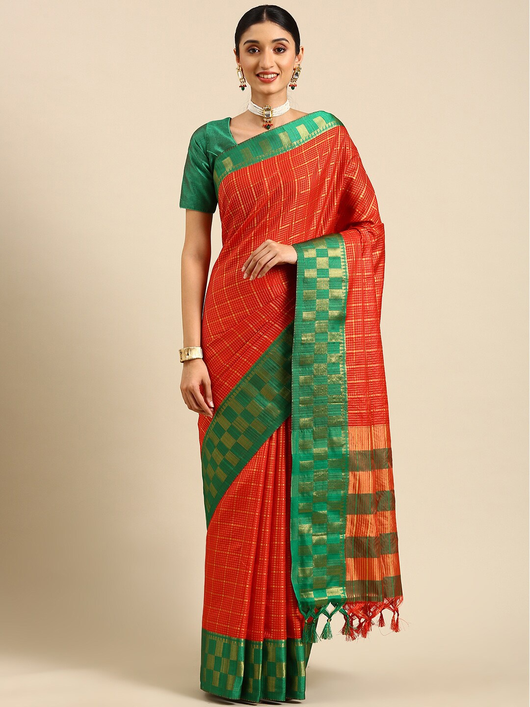 

Anouk Red & Green Checked Zari Silk Blend Kanjeevaram Saree