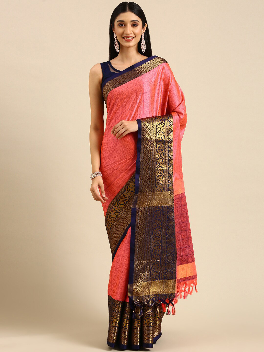 

Anouk Coral & Black Woven Design Zari Silk Blend Kanjeevaram Saree