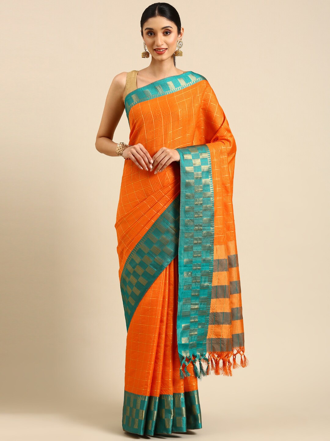 

Anouk Orange & Green Checked Zari Silk Blend Kanjeevaram Saree