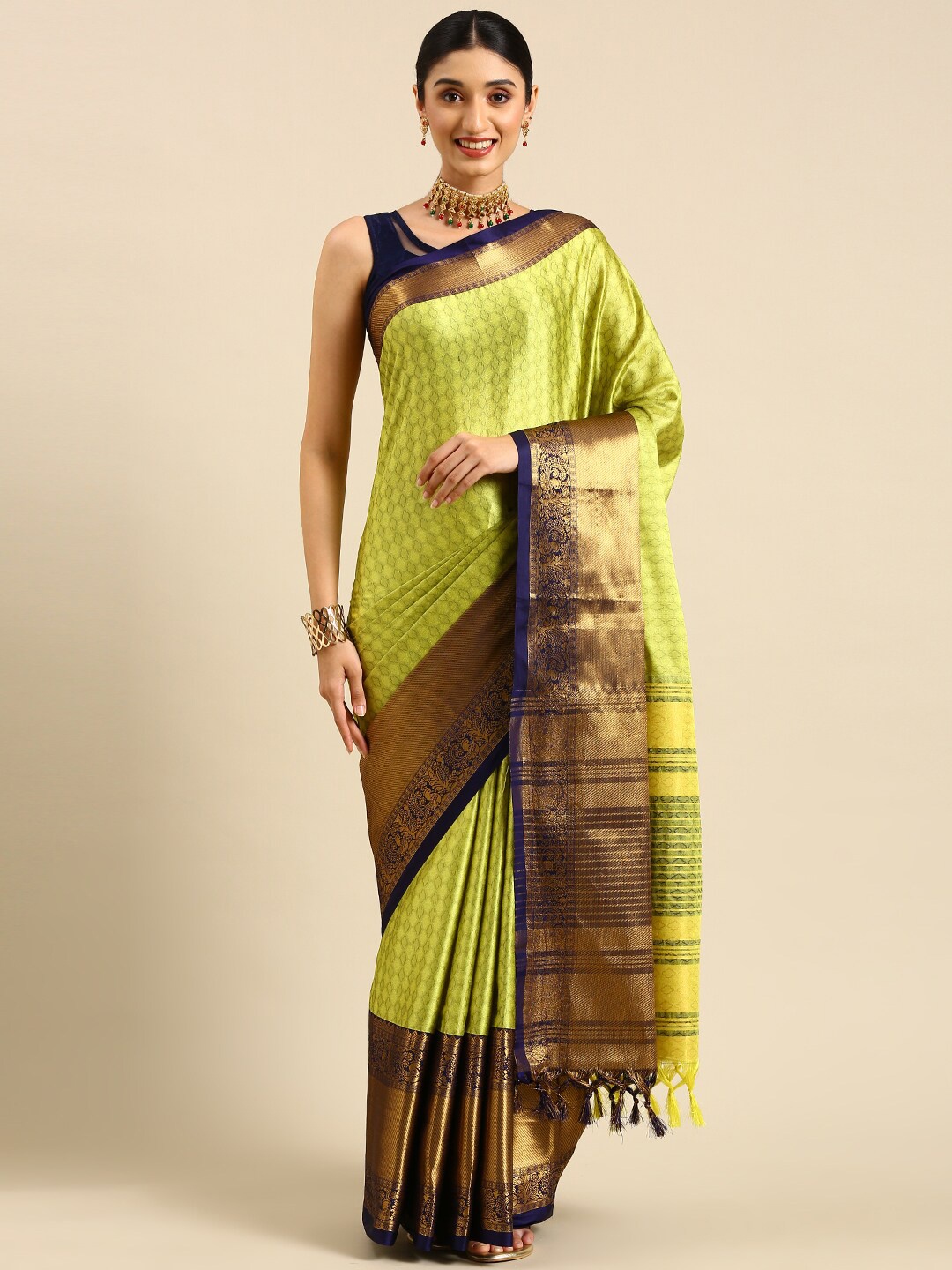 

Anouk Green & Blue Woven Design Zari Silk Blend Kanjeevaram Saree
