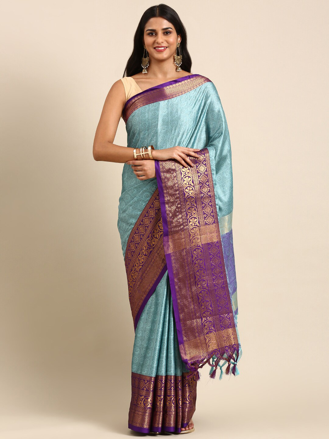 

Anouk Turquoise Blue Ethnic Woven Design Zari Kanjeevaram Saree