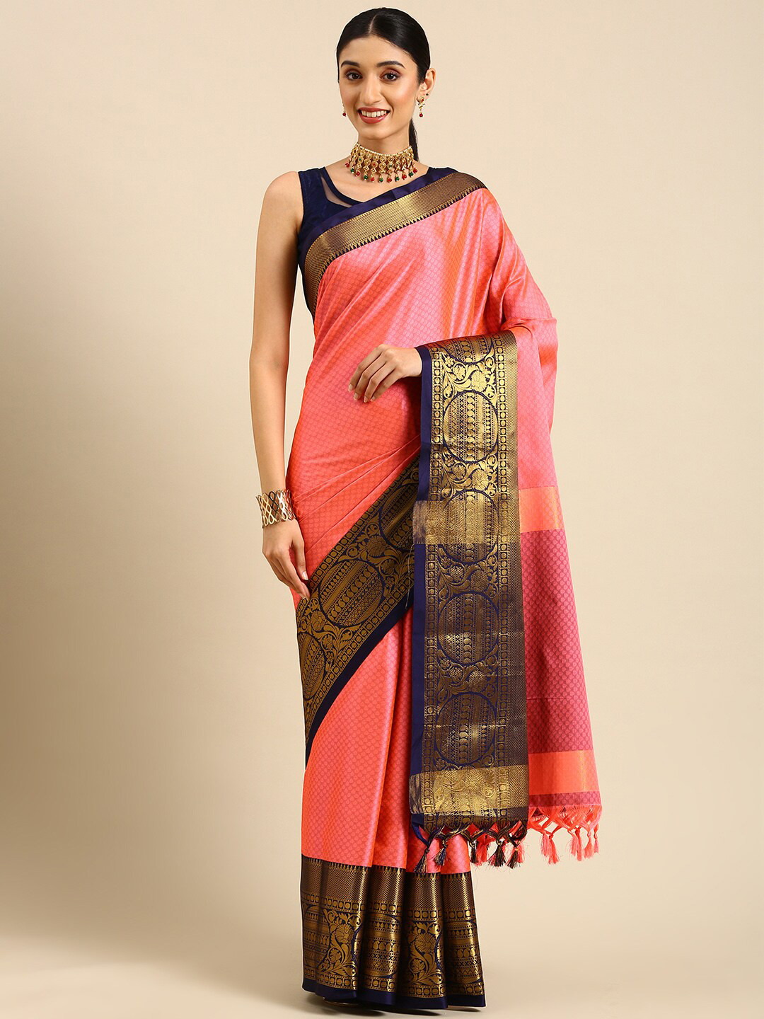 

Anouk Coral & Navy Blue Ethnic Woven Design Zari Kanjeevaram Saree