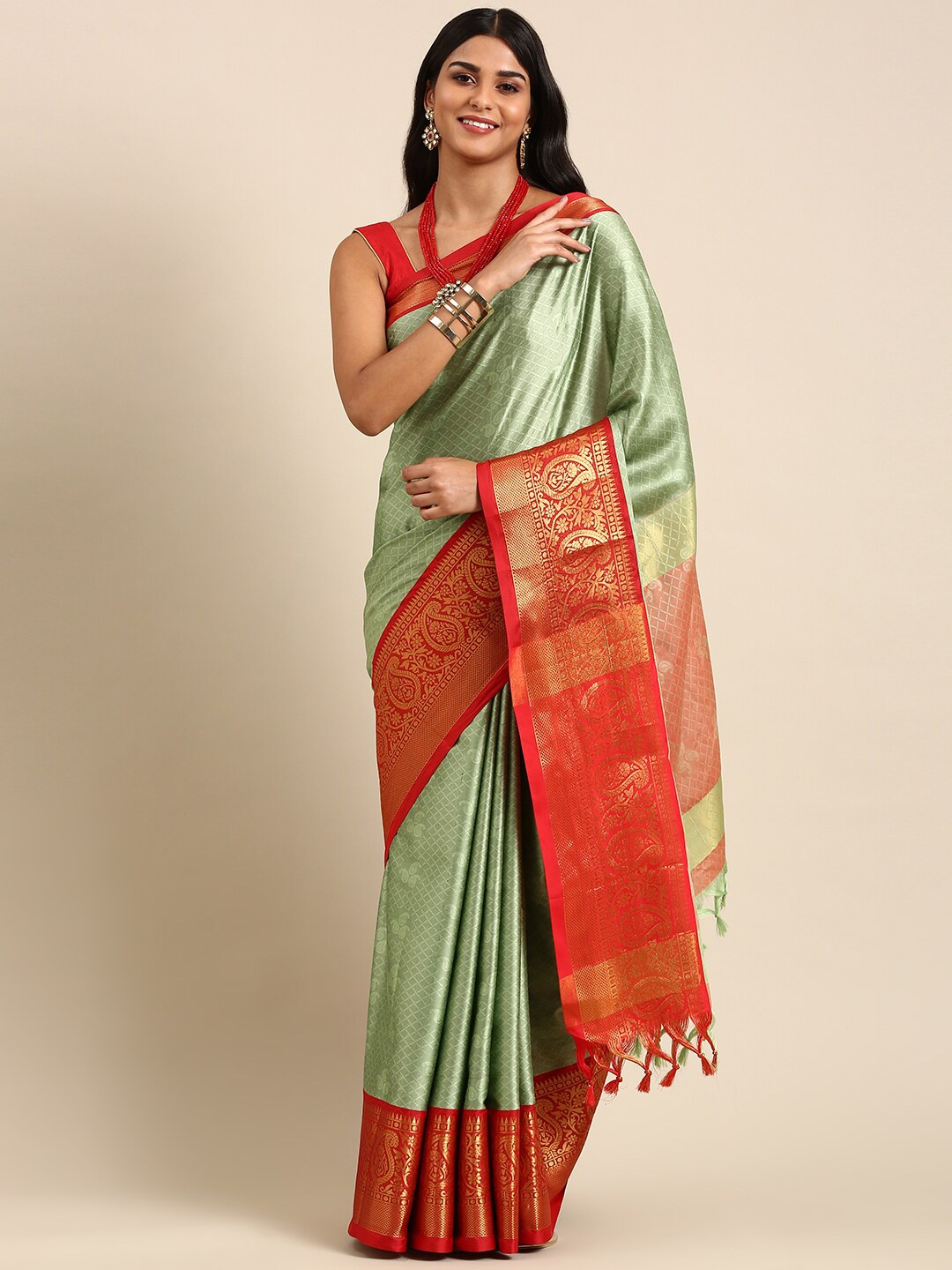 

Anouk Sea Green & Red Paisley Woven Design Zari Kanjeevaram Saree