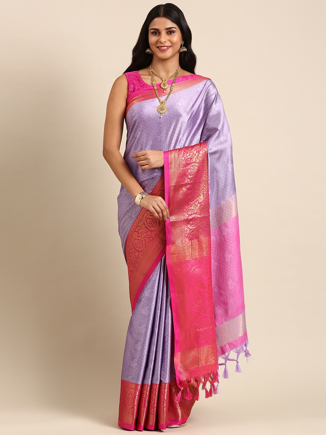 

Anouk Purple & Pink Paisley Woven Design Zari Kanjeevaram Saree