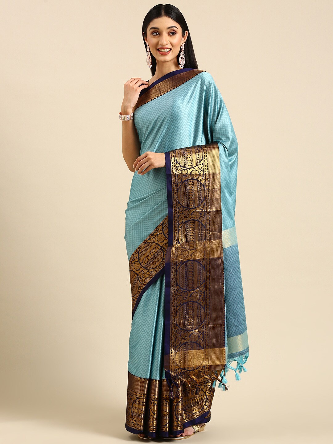 

Anouk Turquoise Blue & Navy Blue Ethnic Woven Design Zari Kanjeevaram Saree