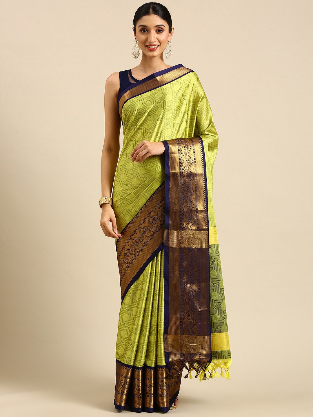 

Anouk Lime Green & Navy Blue Floral Woven Design Zari Kanjeevaram Saree