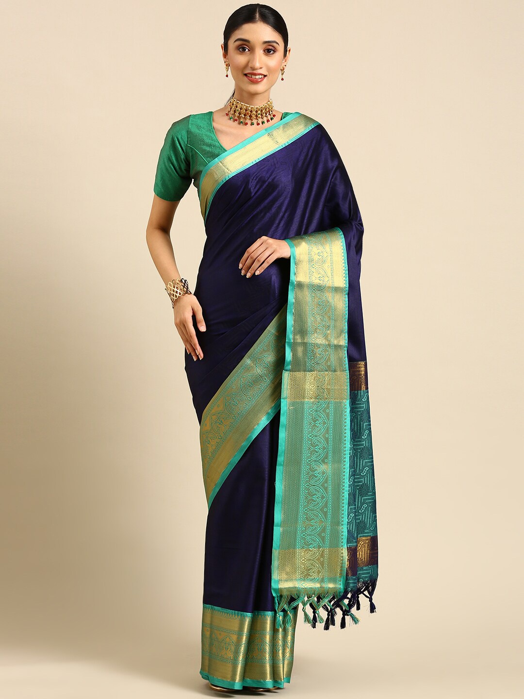

Anouk Navy Blue & Green Zari Kanjeevaram Saree