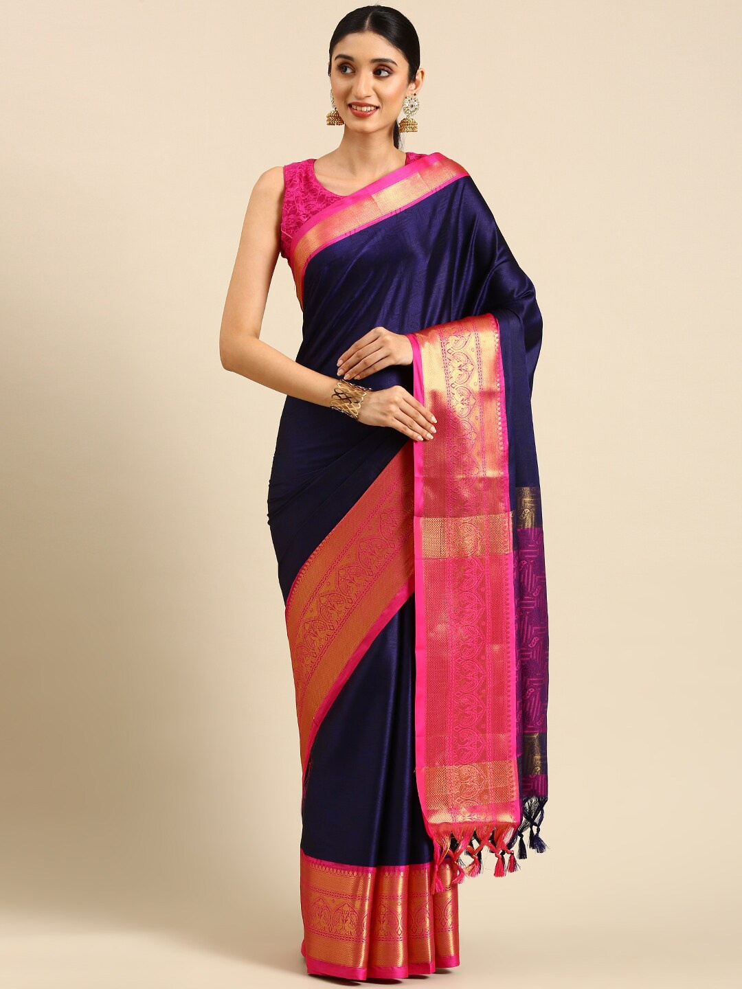 

Anouk Navy Blue & Pink Zari Kanjeevaram Saree
