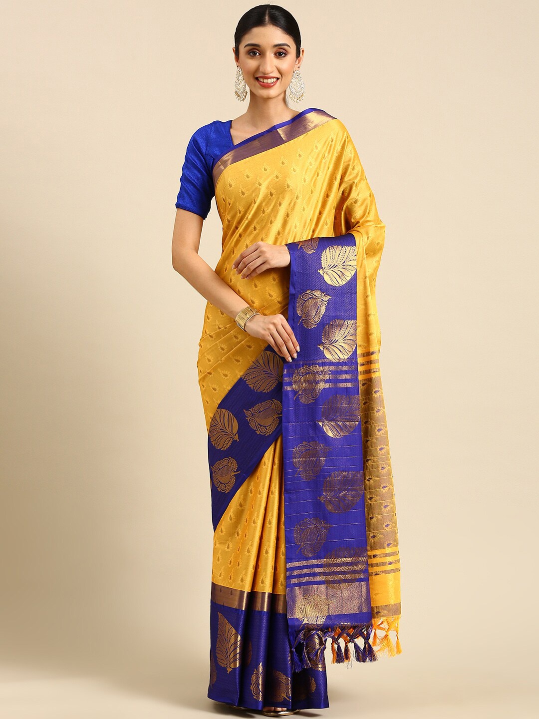 

Anouk Mustard & Blue Ethnic Woven Design Zari Kanjeevaram Saree