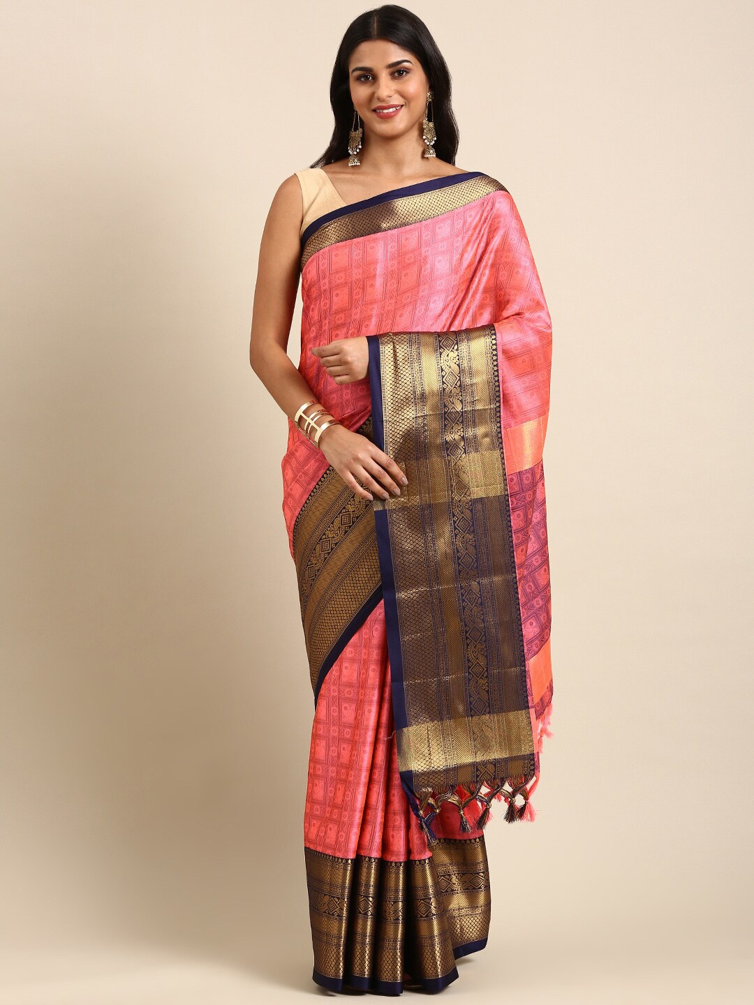 

Anouk Coral & Navy Blue Ethnic Woven Design Zari Kanjeevaram Saree
