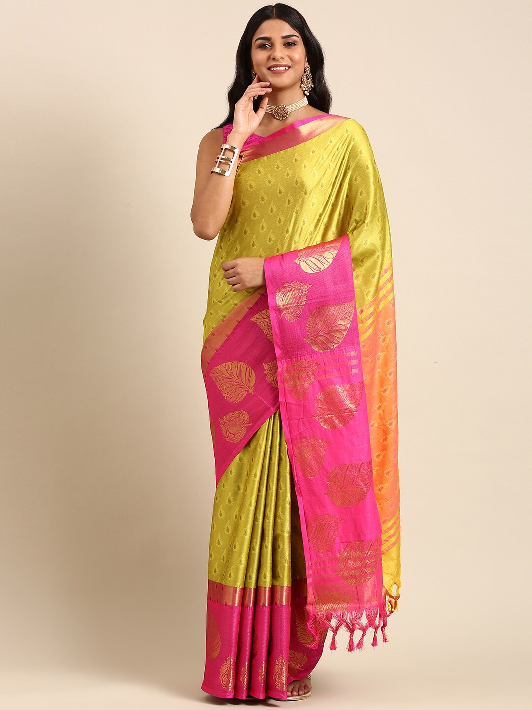 

Anouk Olive Green & Pink Ethnic Woven Design Zari Kanjeevaram Saree