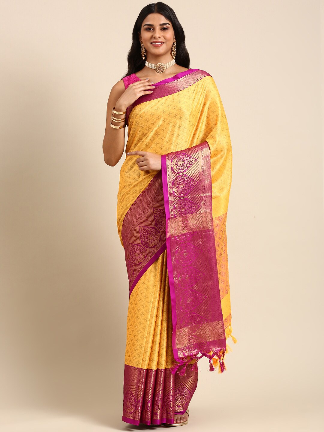 

Anouk Beige & Pink Ethnic Woven Design Zari Kanjeevaram Saree