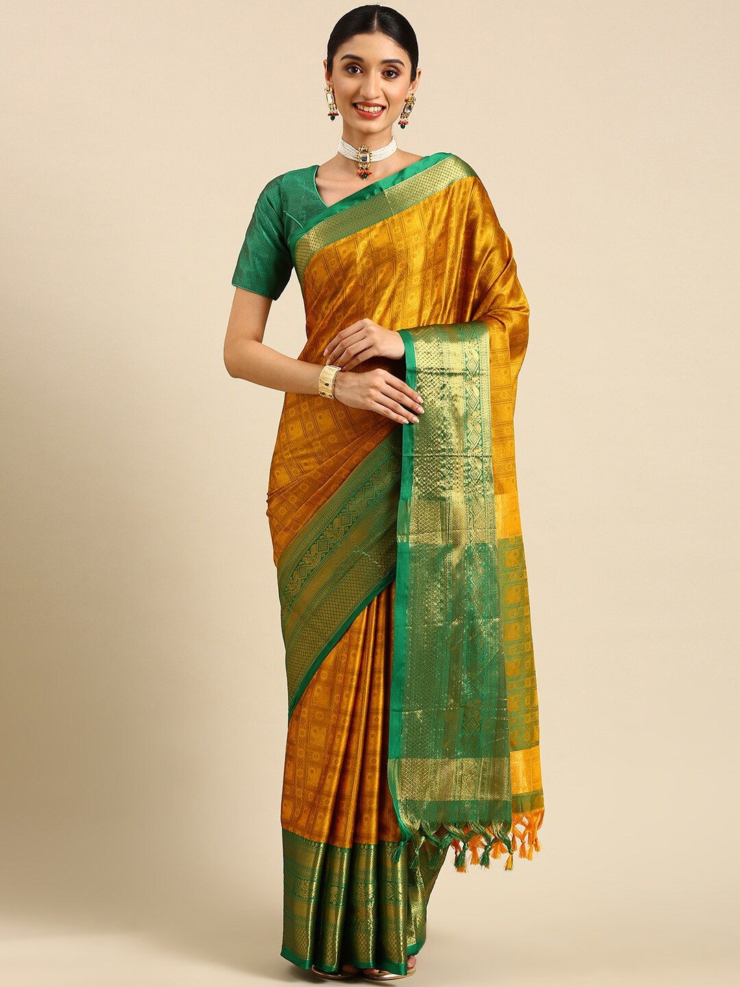 

Anouk Mustard & Green Floral Woven Design Zari Kanjeevaram Saree