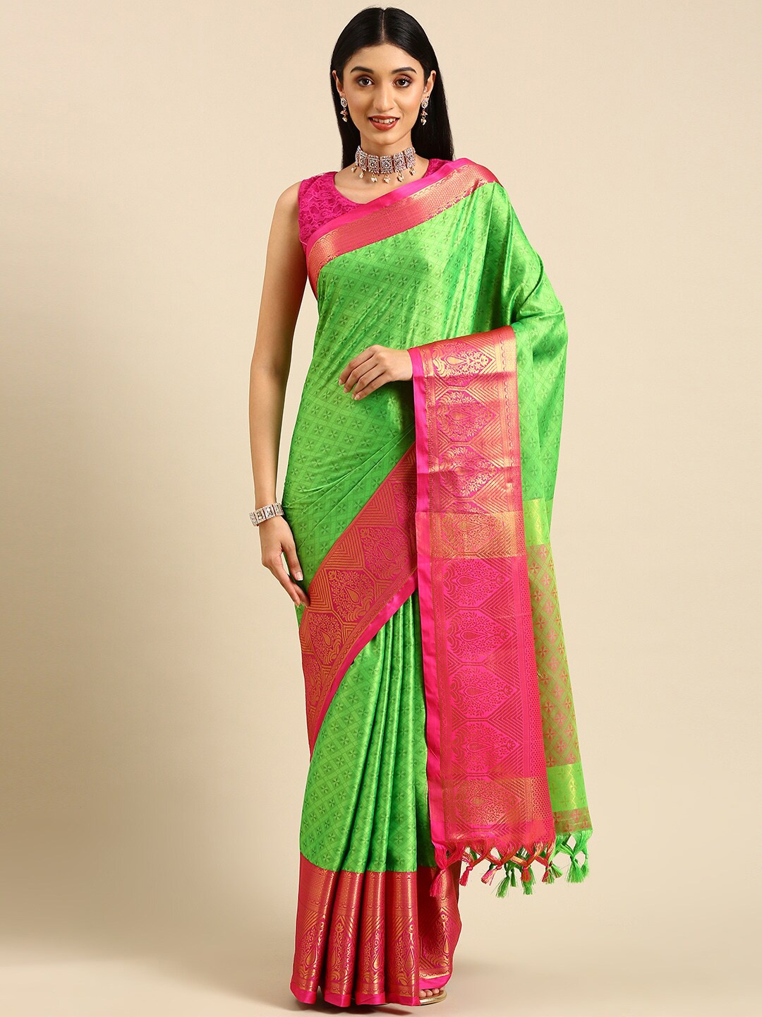 

Anouk Green & Pink Ethnic Woven Design Zari Kanjeevaram Saree