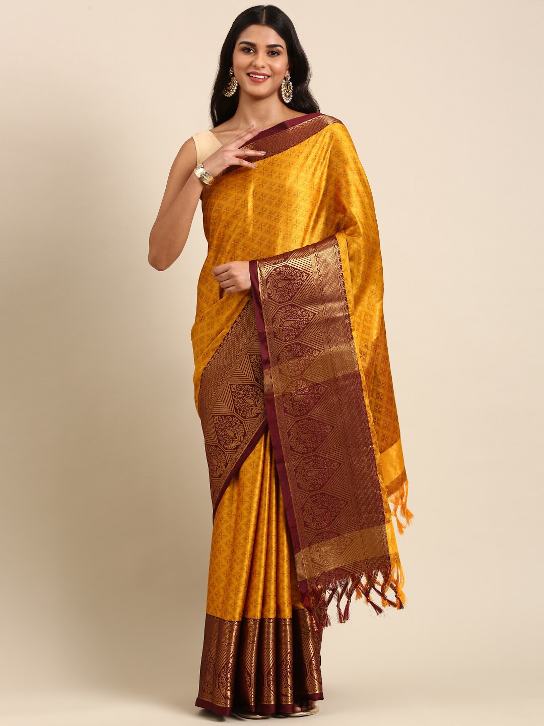 

Anouk Mustard & Coffee Brown Ethnic Woven Design Zari Kanjeevaram Saree