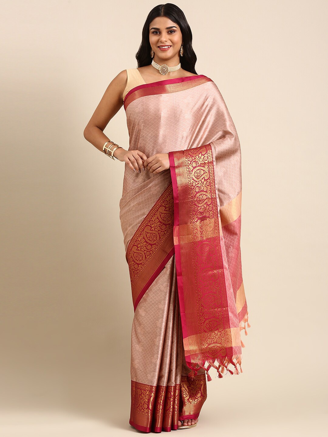 

Anouk Pink & Red Paisley Woven Design Zari Kanjeevaram Saree