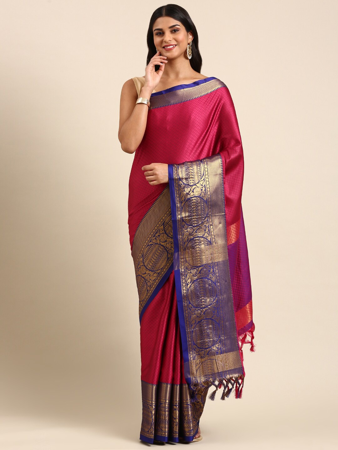 

Anouk Magenta & Navy Blue Ethnic Woven Design Zari Kanjeevaram Saree