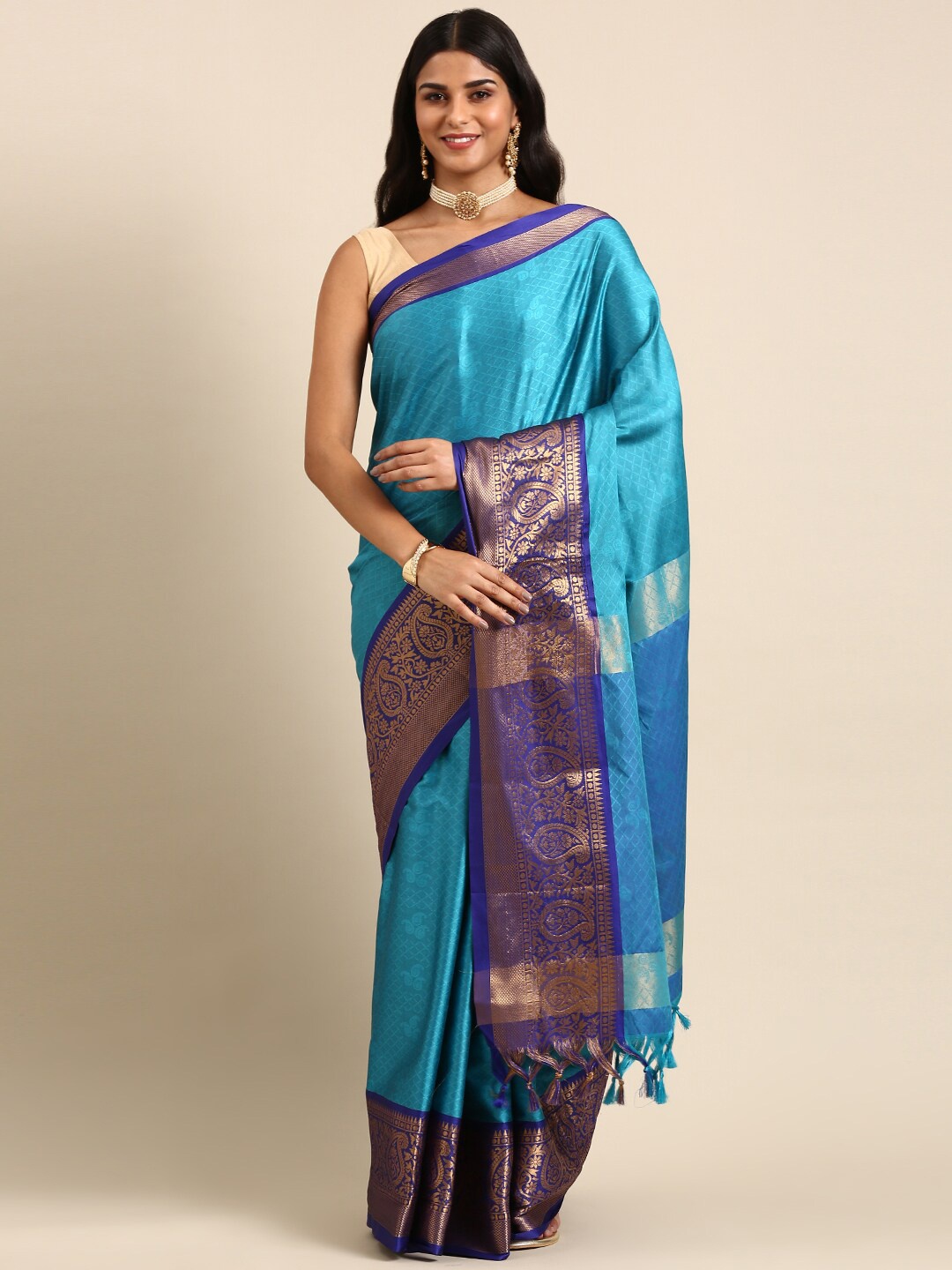 

Anouk Blue & Navy Blue Paisley Woven Design Zari Kanjeevaram Saree