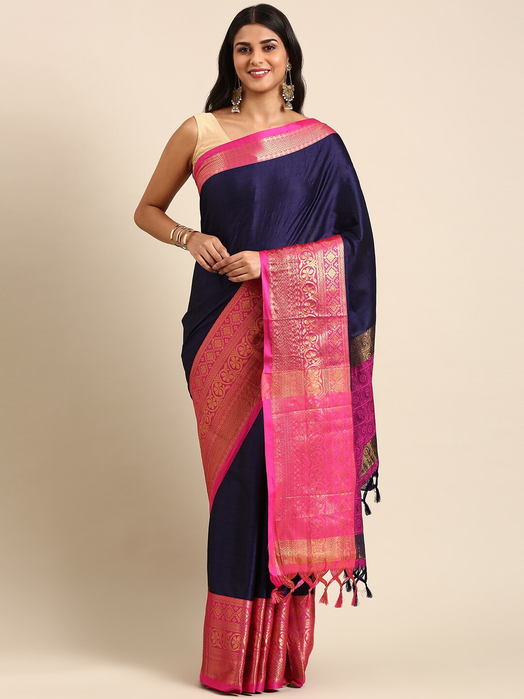 

Anouk Navy Blue & Pink Woven Design Zari Kanjeevaram Saree
