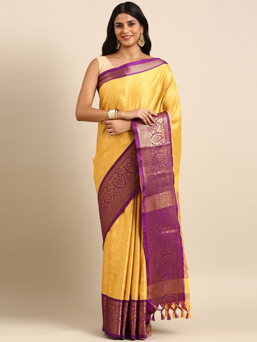 

Anouk Mustard Yellow & Purple Paisley Woven Design Zari Kanjeevaram Saree