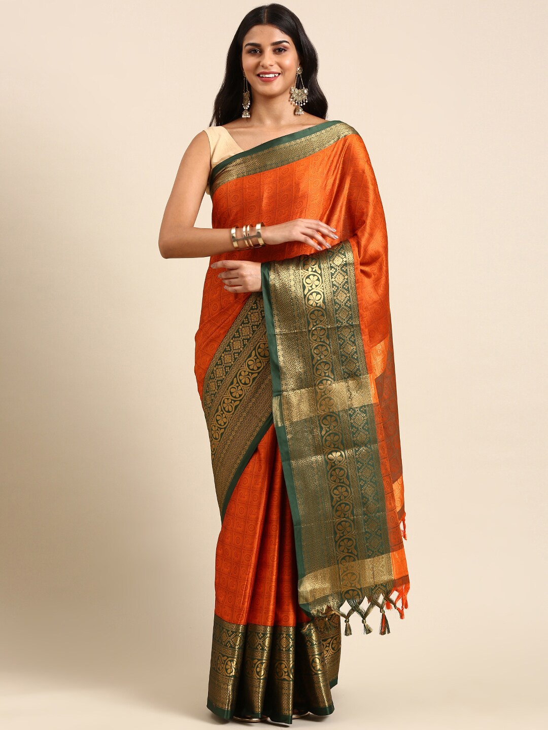 

Anouk Rust & Green Paisley Woven Design Zari Kanjeevaram Saree