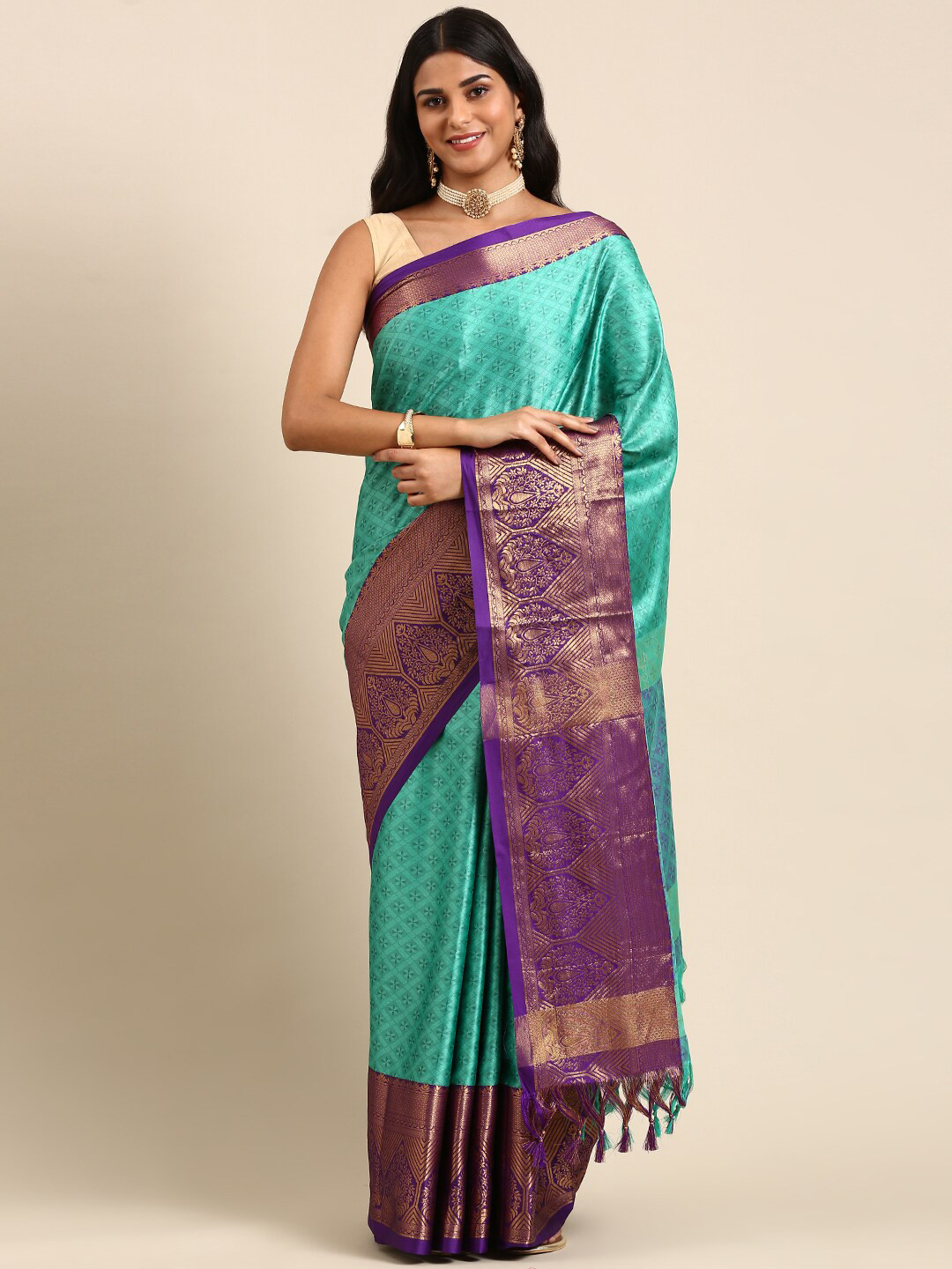 

Anouk Sea Green & Purple Floral Woven Design Zari Kanjeevaram Saree