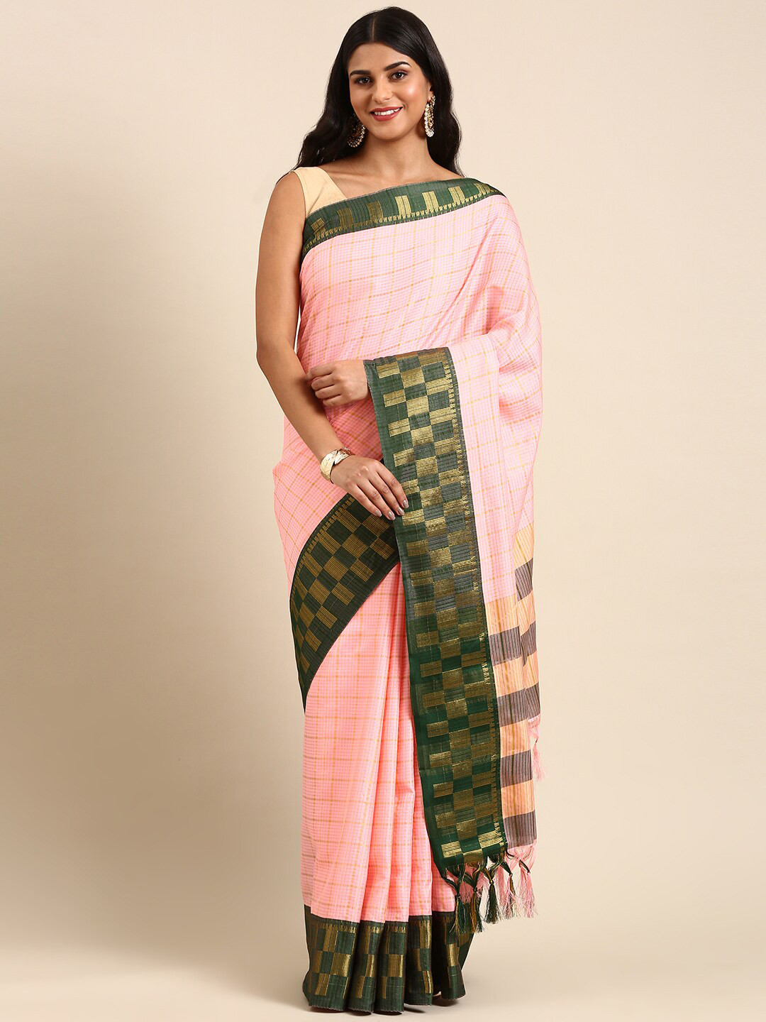 

Anouk Pink & Green Checked Woven Design Zari Kanjeevaram Saree