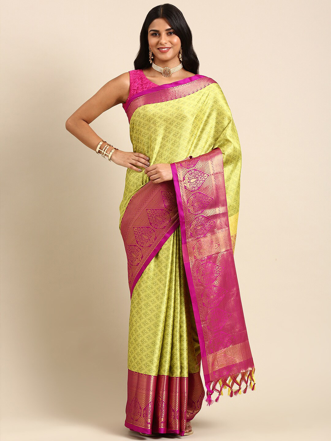 

Anouk Yellow & Pink Floral Woven Design Zari Kanjeevaram Saree