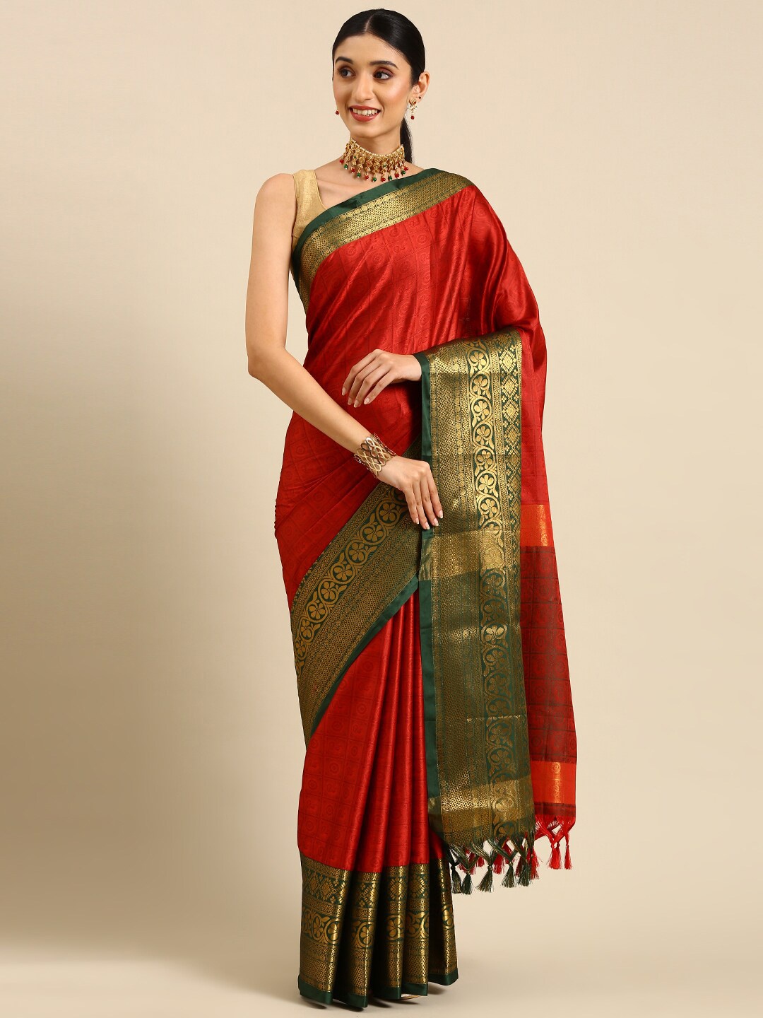 

Anouk Maroon & Green Paisley Woven Design Zari Kanjeevaram Saree