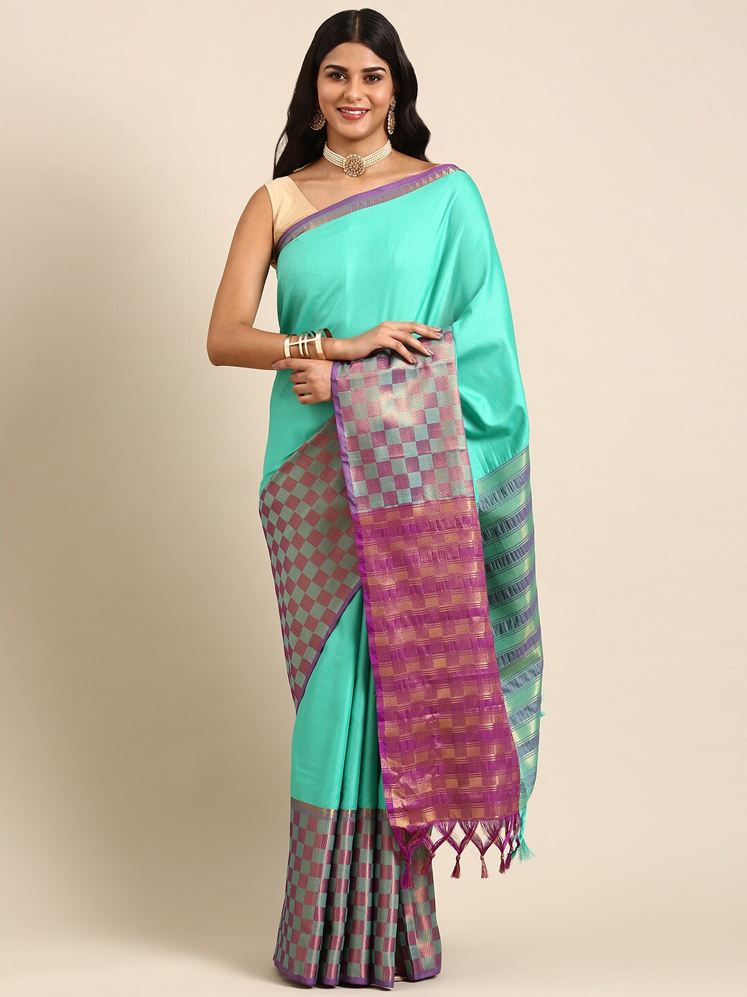 

Anouk Turquoise Blue & Pink Woven Design Zari Kanjeevaram Saree