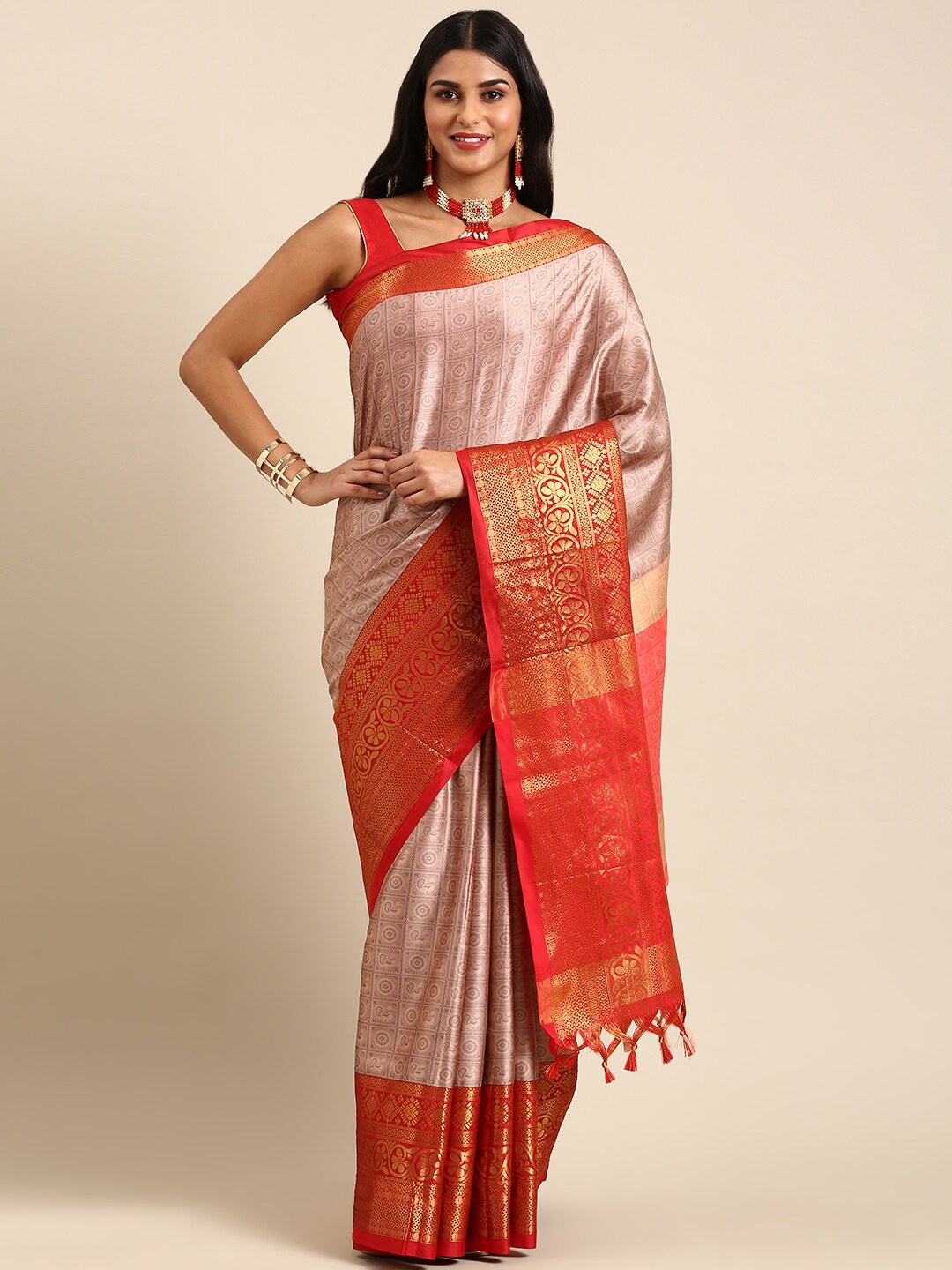 

Anouk Pink & Red Paisley Woven Design Zari Kanjeevaram Saree