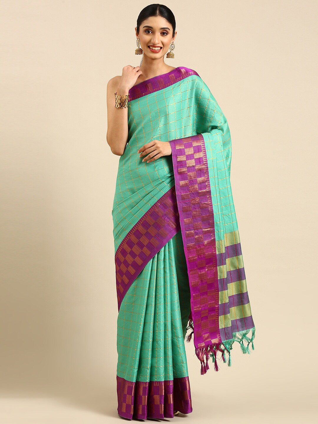 

Anouk Sea Green & Magenta Checked Woven Design Zari Kanjeevaram Saree