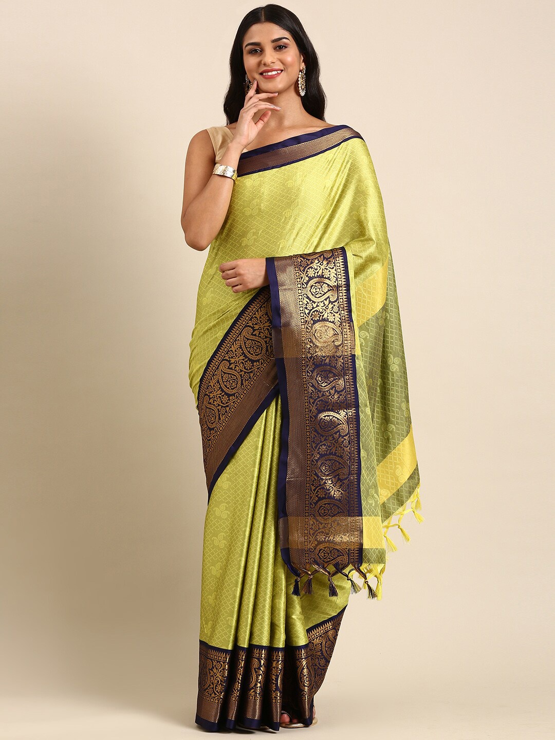 

Anouk Lime Green & Navy Blue Paisley Woven Design Zari Kanjeevaram Saree