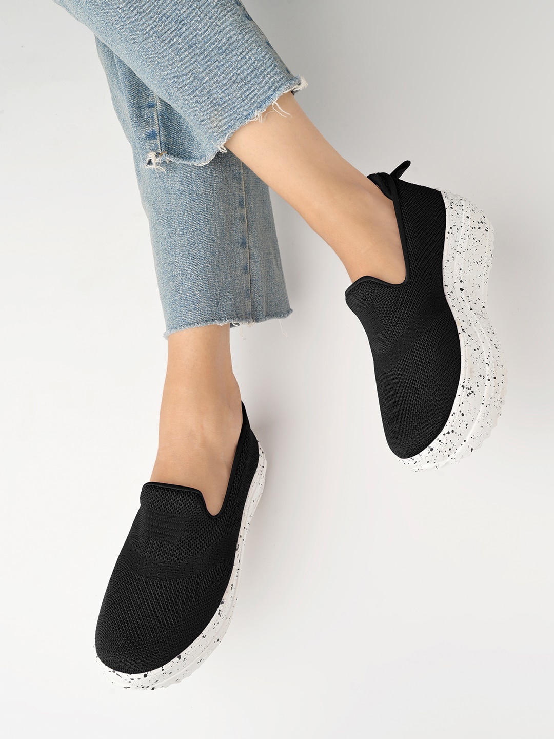 

Shoetopia Women Woven Design Heeled Lightweight Slip-On Sneakers, Black