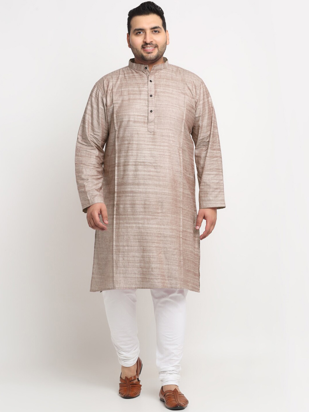 

KLOTTHE Woven Design Mandarin Collar Cotton Kurta, Beige