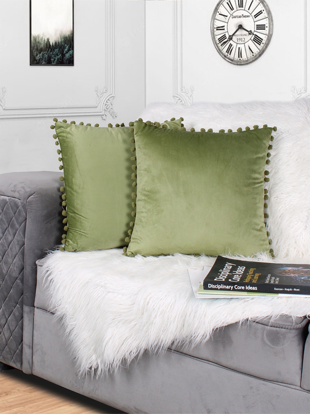 STITCHNEST Green 2 Pieces Velvet Square Cushion Covers