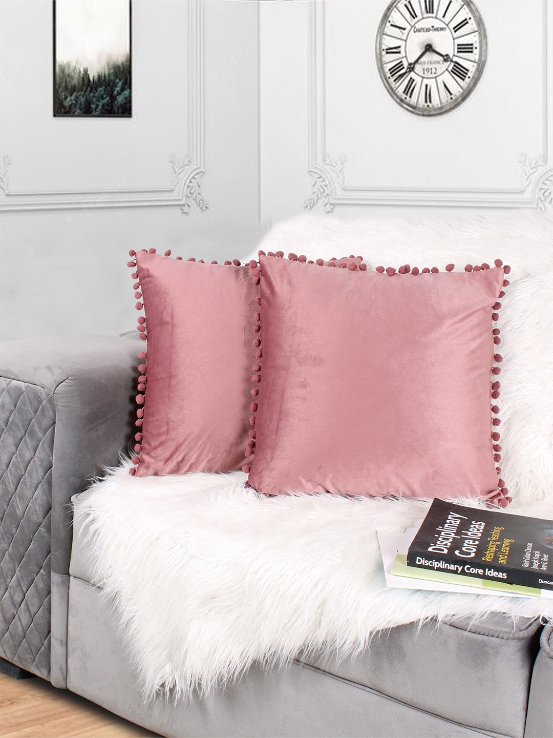 STITCHNEST Peach-Coloured 2 Pieces Velvet Square Cushion Covers