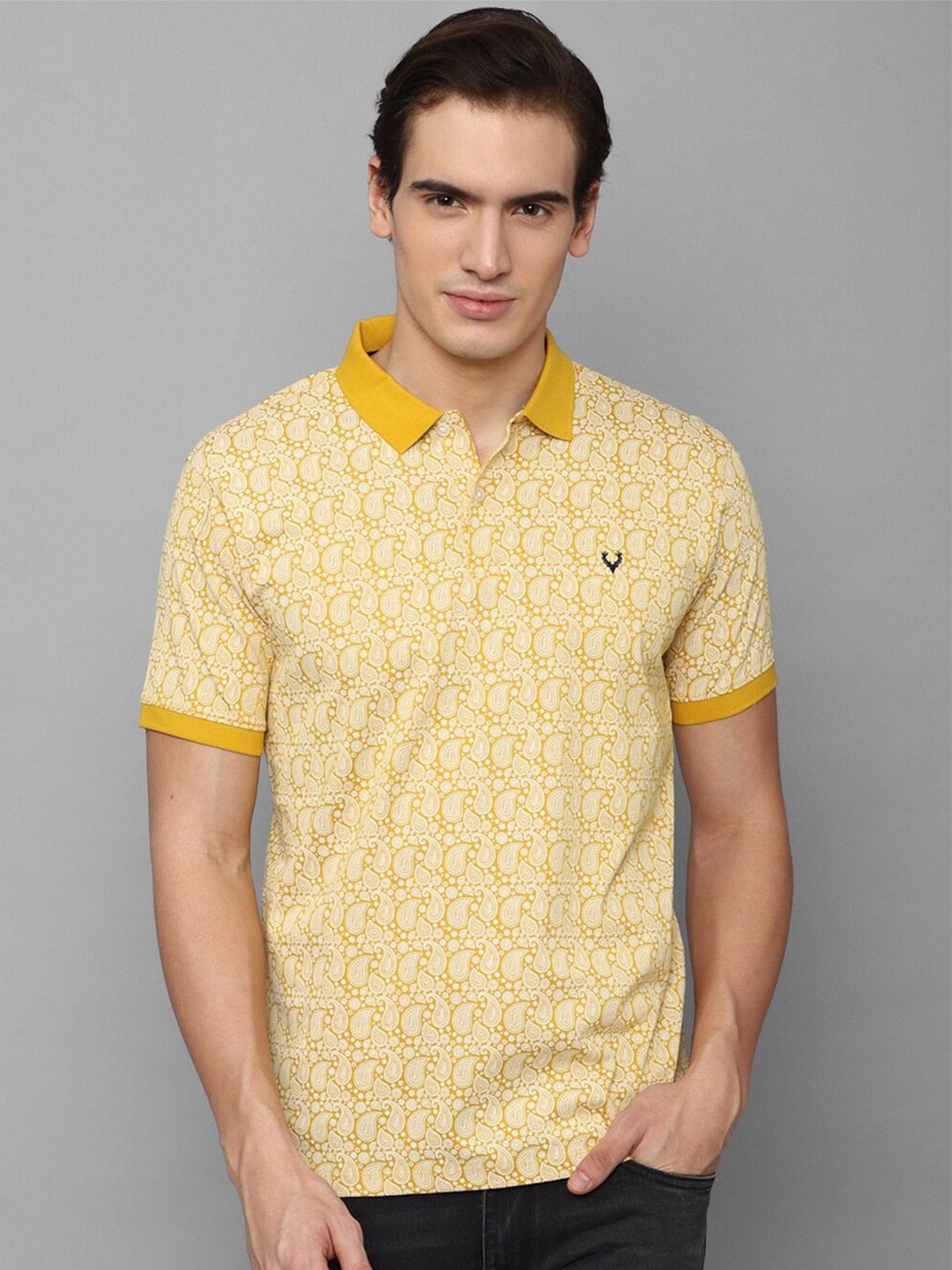 Allen Solly Paisley Motif Printed Polo Collar Pure Cotton T-shirt, Yellow