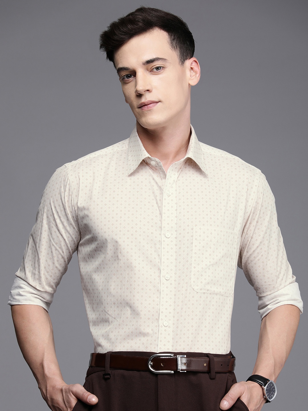 

Raymond Slim Fit Striped Pure Cotton Formal Shirt, Beige