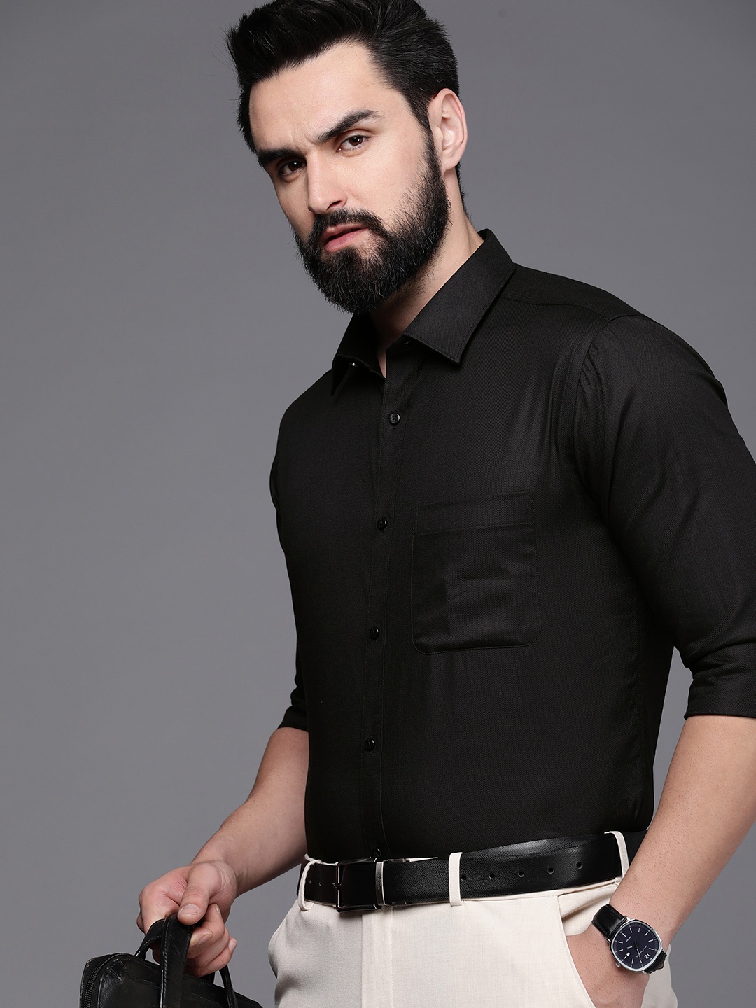 

Raymond Self Design Textured Slim Fit Pure Cotton Formal Shirt, Black