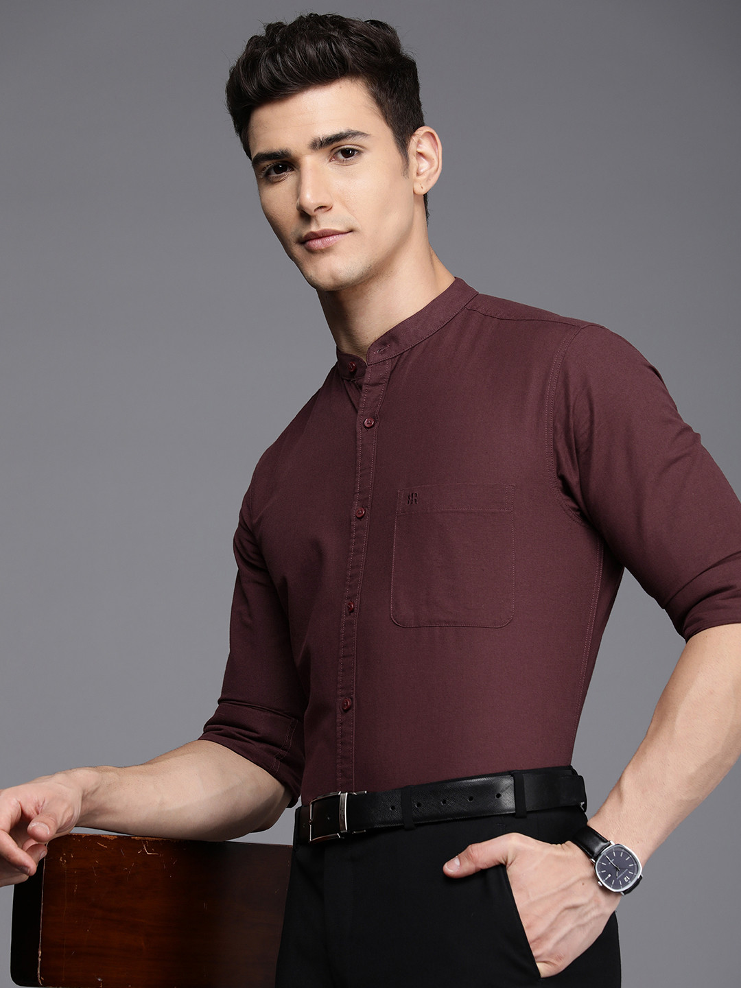 

Raymond Premium Band Collar Slim Fit Pure Cotton Formal Shirt, Maroon