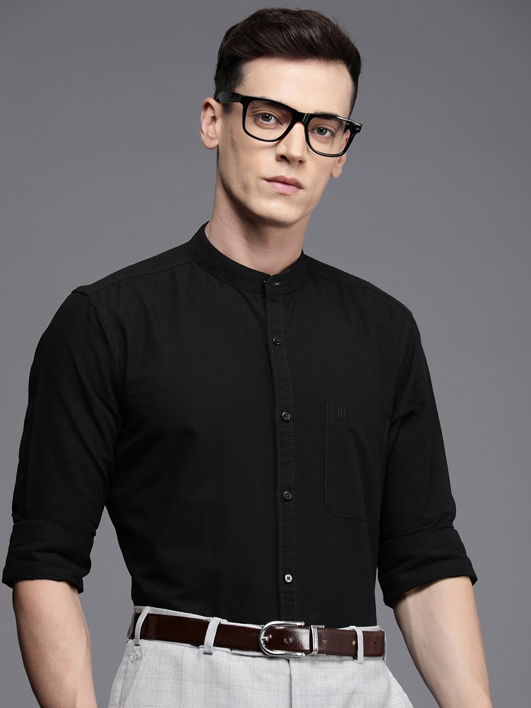 

Raymond Premium Band Collar Slim Fit Pure Cotton Formal Shirt, Black