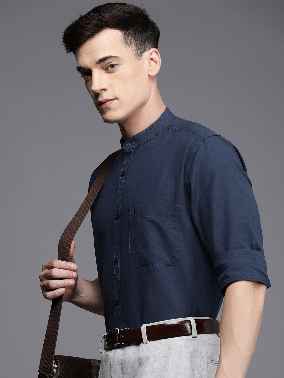 

Raymond Premium Band Collar Slim Fit Pure Cotton Formal Shirt, Navy blue