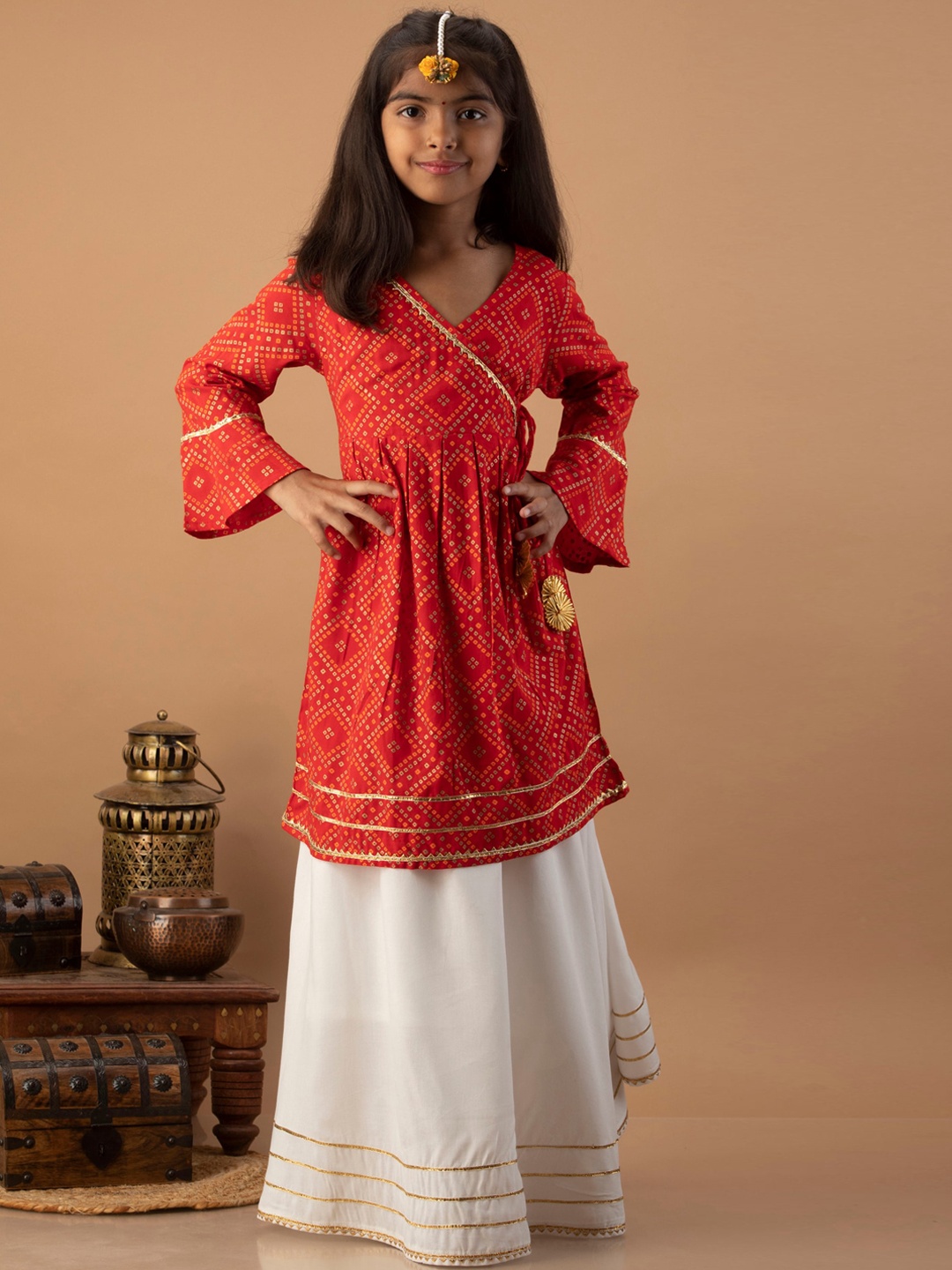 

misbis Girls Bandhani Printed Angrakha Gotta Patti Kurta with Skirt, Red