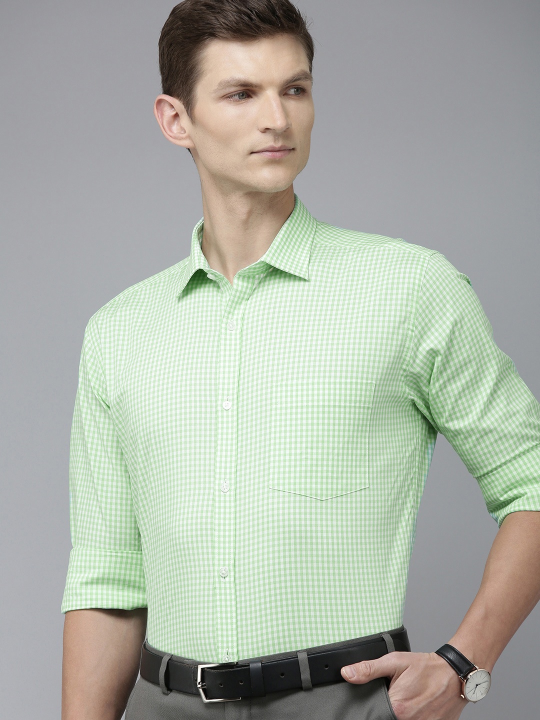 Park Avenue Men Slim Fit Gingham Checks Opaque Pure Cotton Formal Shirt, Green