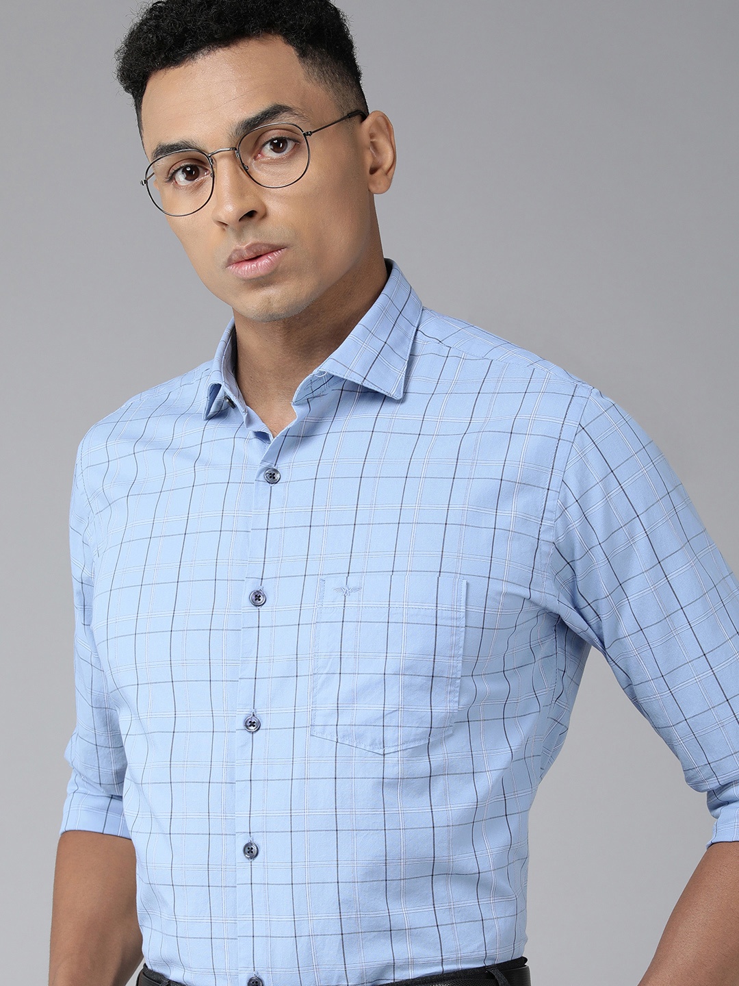 

Park Avenue Slim Fit Windowpane Checked Pure Cotton Formal Shirt, Blue