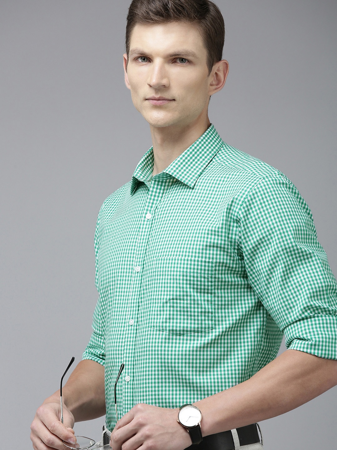 

Park Avenue Pure Cotton Slim Fit Gingham Checked Formal Shirt, Green