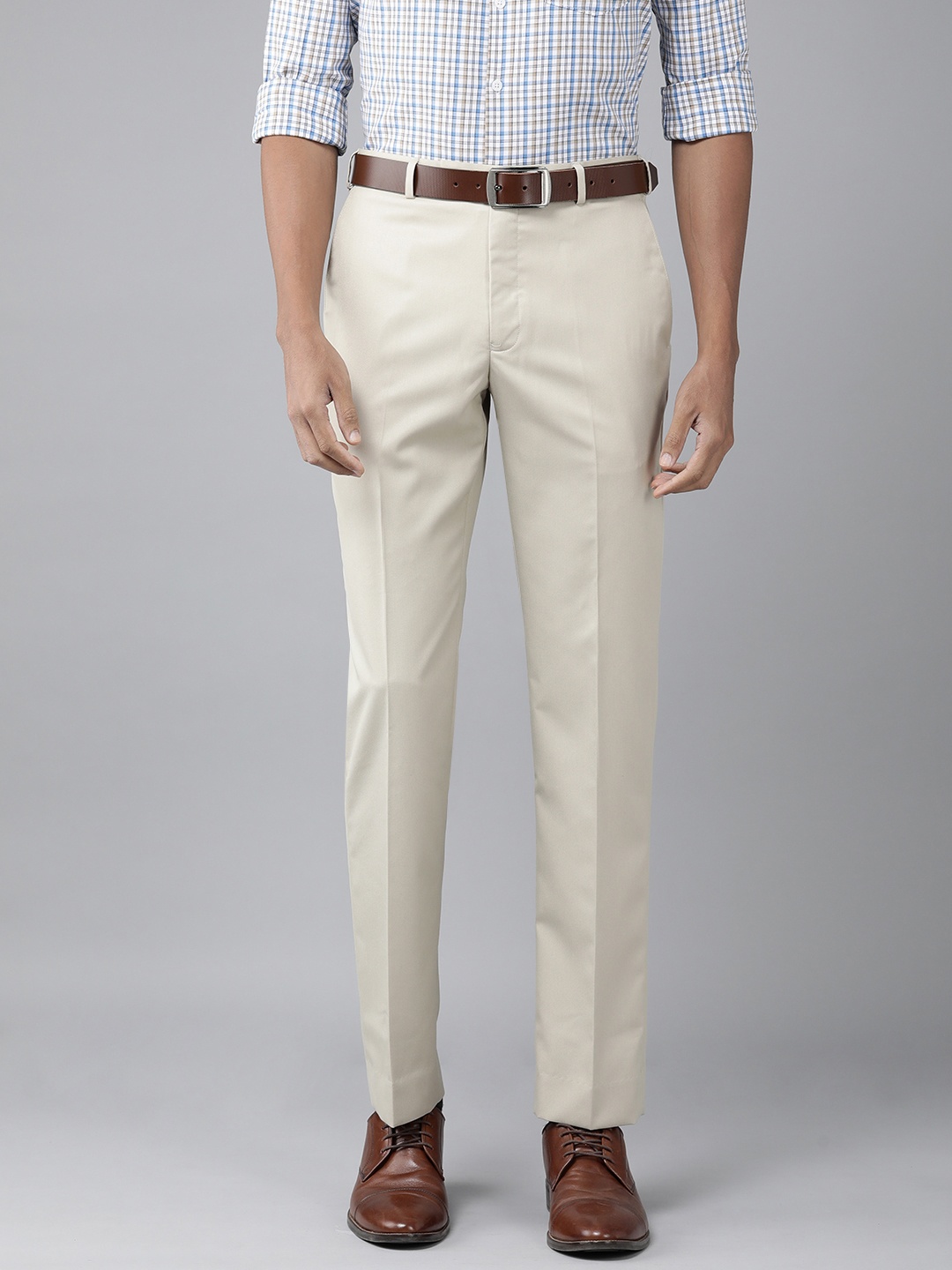 

Park Avenue Men Self Design Smart Slim Fit Formal Trousers, Beige