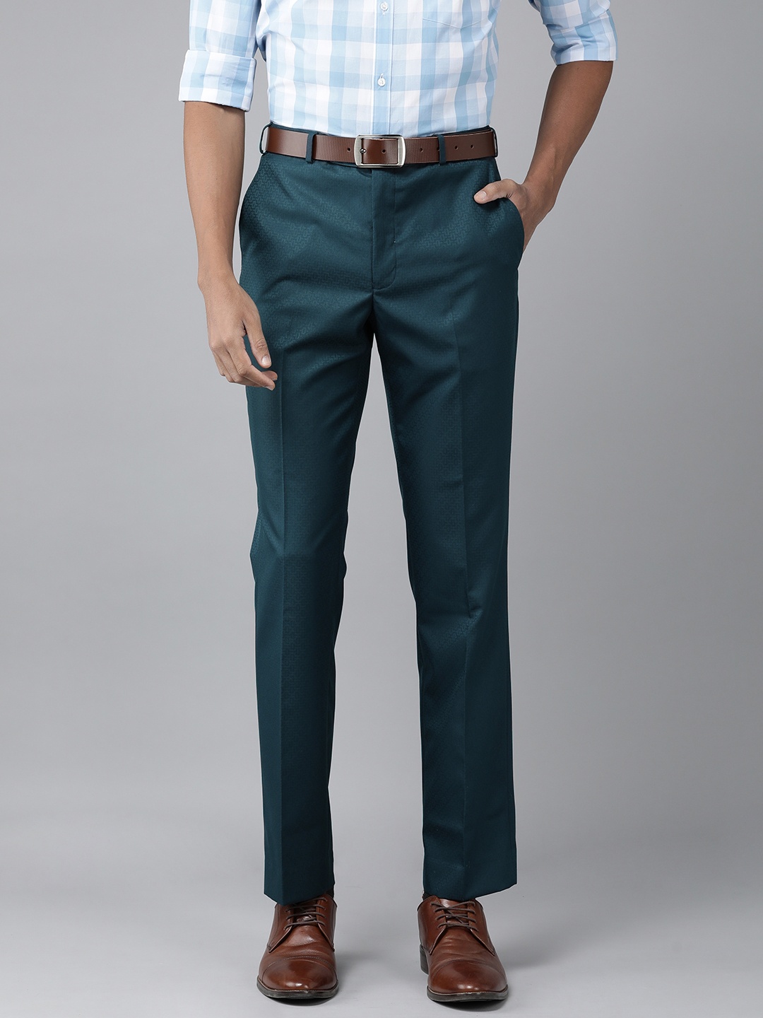 

Park Avenue Men Self Design Textured Smart Slim Fit Formal Trousers, Blue