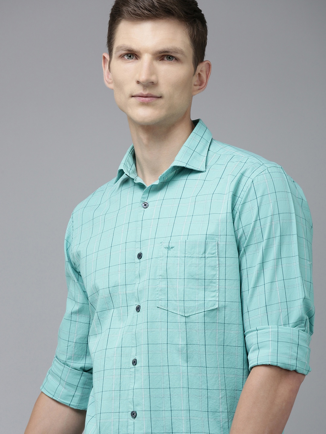 

Park Avenue Men Pure Cotton Slim Fit Opaque Checked Casual Shirt, Turquoise blue